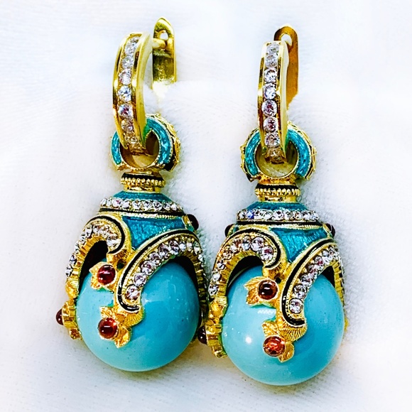 TURQUOISE STERLING SILVER Faberge Victorian Egg Pendant Swarovski Crystal Garnet - Picture 2 of 4